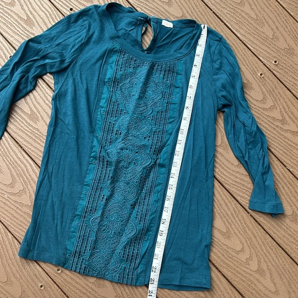 J Crew teal Celtic boho embroidered 3/4 sleeves top SZ XS - Picture 6 of 7